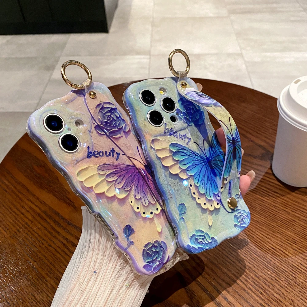 Luxury Laser Painting Bluterfly Wrist Strap Phone Case For Iphone 11 12 13 14 15 Pro Max 16 Plus Shockproof Hand Band Soft Cover