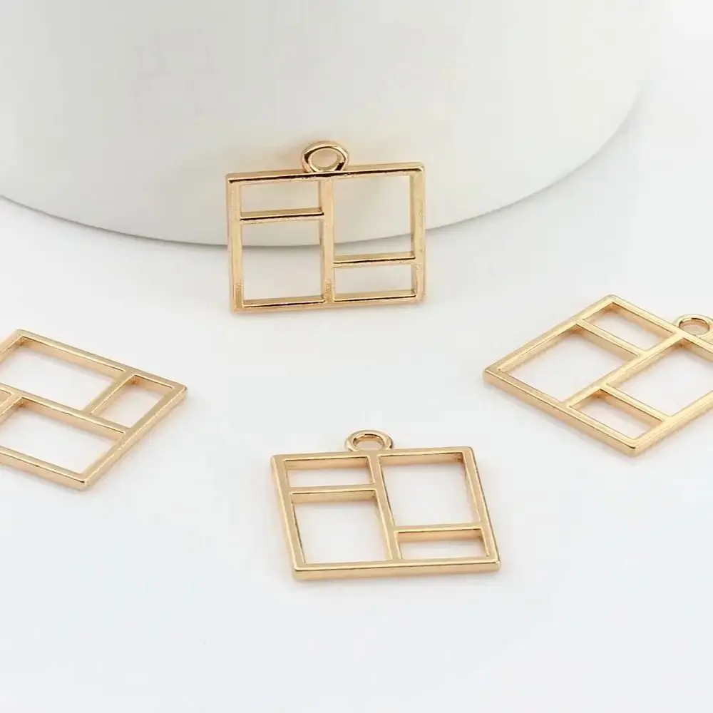 Colgante cuadrado de aleación de Zinc, accesorios de joyería dorados huecos, collar de pendientes cuadrados, 10 piezas