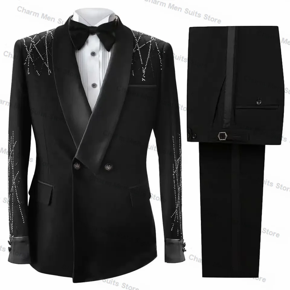 

Luxury Crystals Beaded Men Suits Set 2 Piece Blazer+Pant Trouser Customized Black Groom Wedding Tuxedo Formal Office Prom Jacket