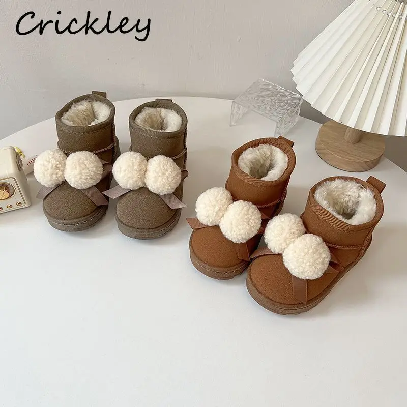 Bonito pompom meninas botas de neve inverno sólido plutônio pelúcia grosso crianças botas de princesa quente deslizamento em não deslizamento crianças tornozelo sapatos