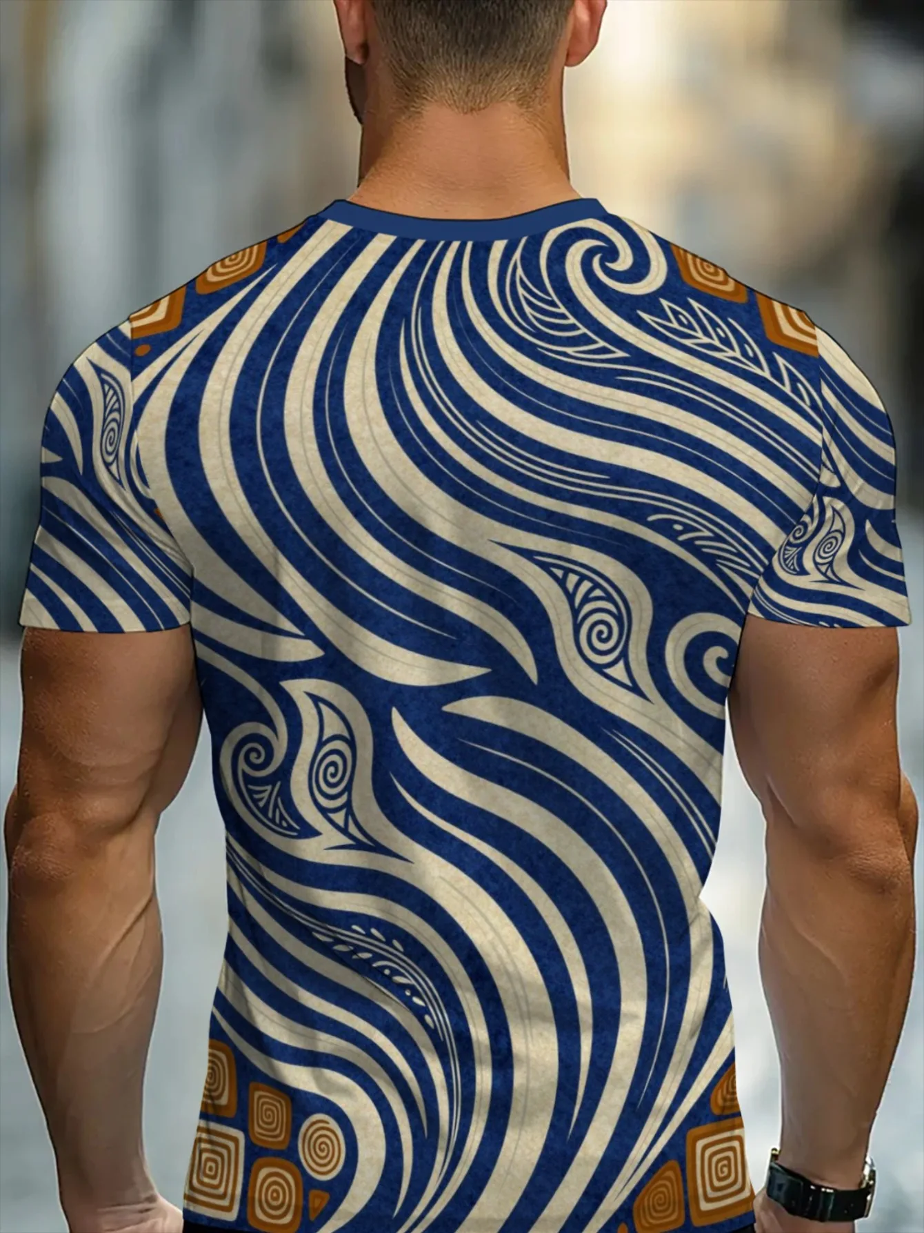 Men Blue White Swirl Tribal Geometric 3D Print Crew Neck T Shirt Summer Short Sleeve Casual Tee