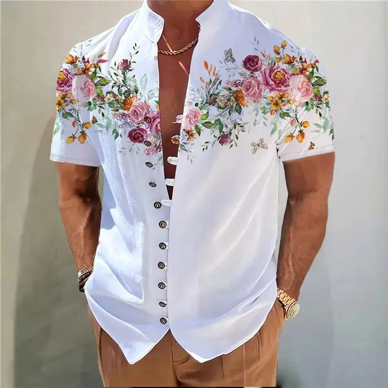 2025 Camicie da uomo Nuova camicia con bottoni stampati Colletto alla coreana alla moda Camicie da uomo larghe Casual Streetwear Abbigliamento da uomo musulmano
