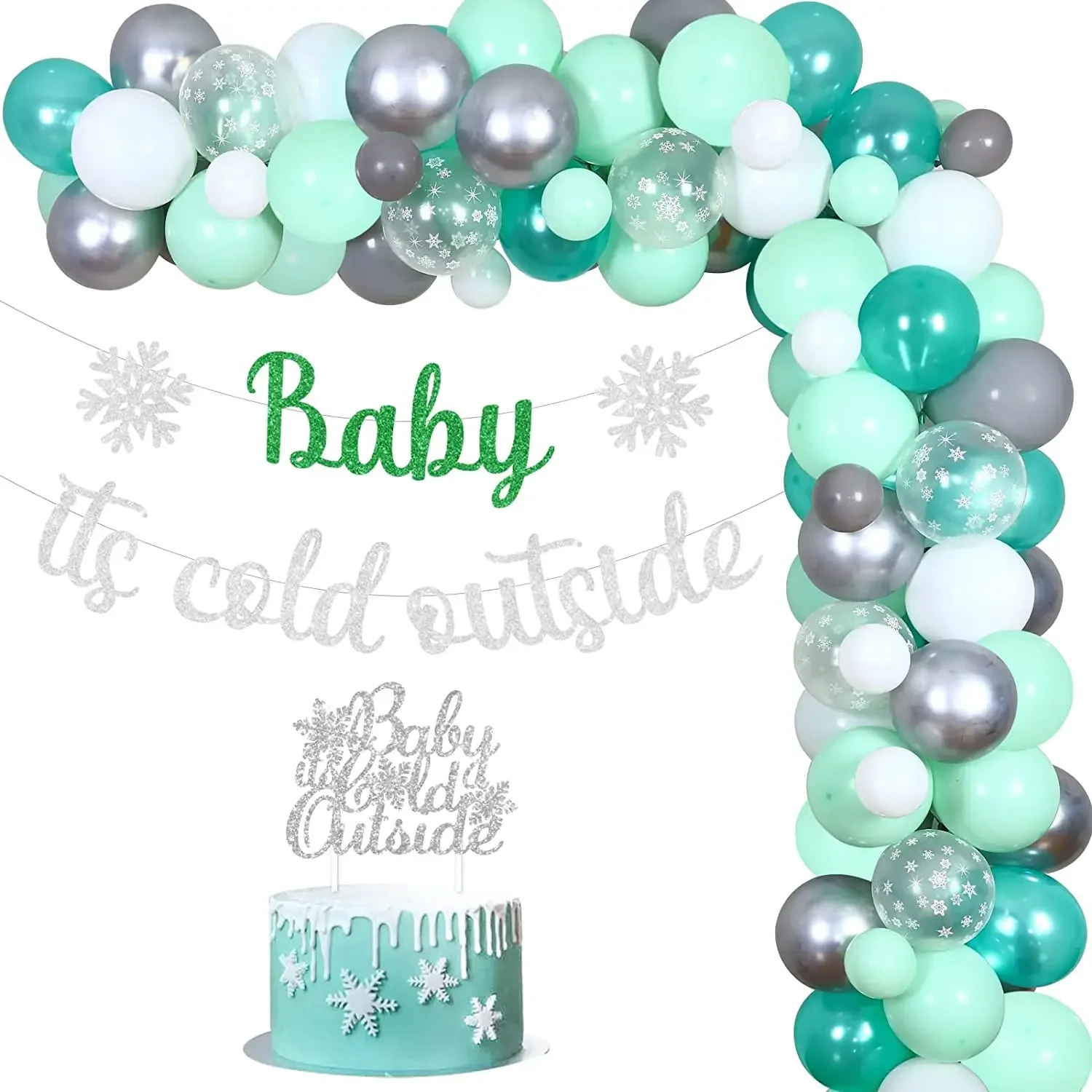 

Cheereveal Mint Green Winter Balloon Garland Baby Its Cold Outside Baby Shower Decorations Snowflake Banner Cake Topper Kit