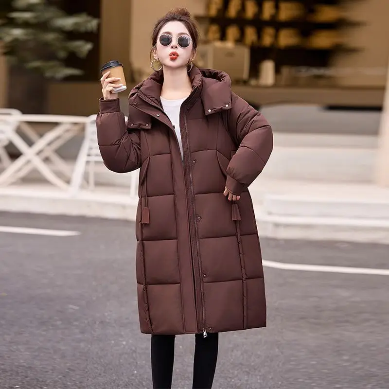 

2025 Winter New Women's Down Cotton Jacket Loose Windproof Hooded Medium Long Cotton Jacket