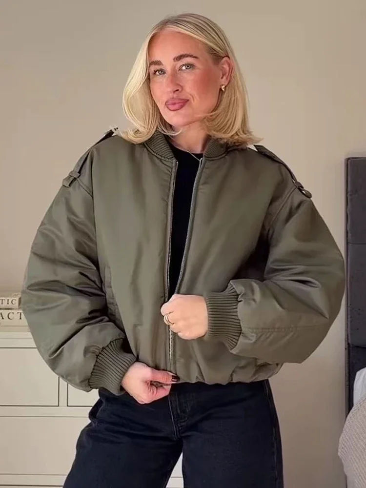 New Women TFMLN Bomber Jackets Vintage V-Neck Long Sleeves Jacket Female Fashion With Pockets Front Zipper Chic Lady Outfits