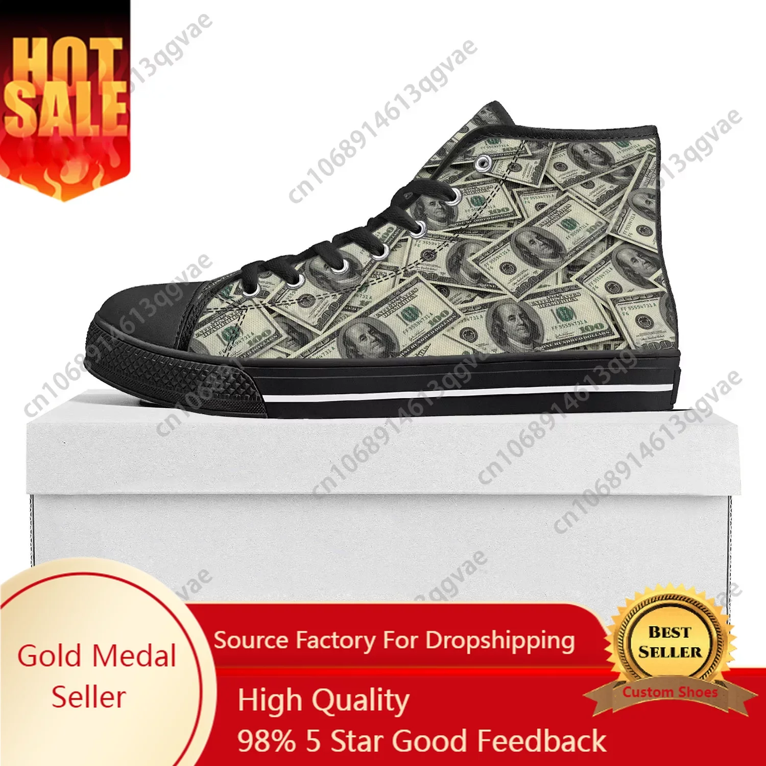 

Dollar Printed Popular High Top High Quality Sneakers Mens Womens Teenager Canvas Sneaker Casual Couple Shoes Custom Shoe Black