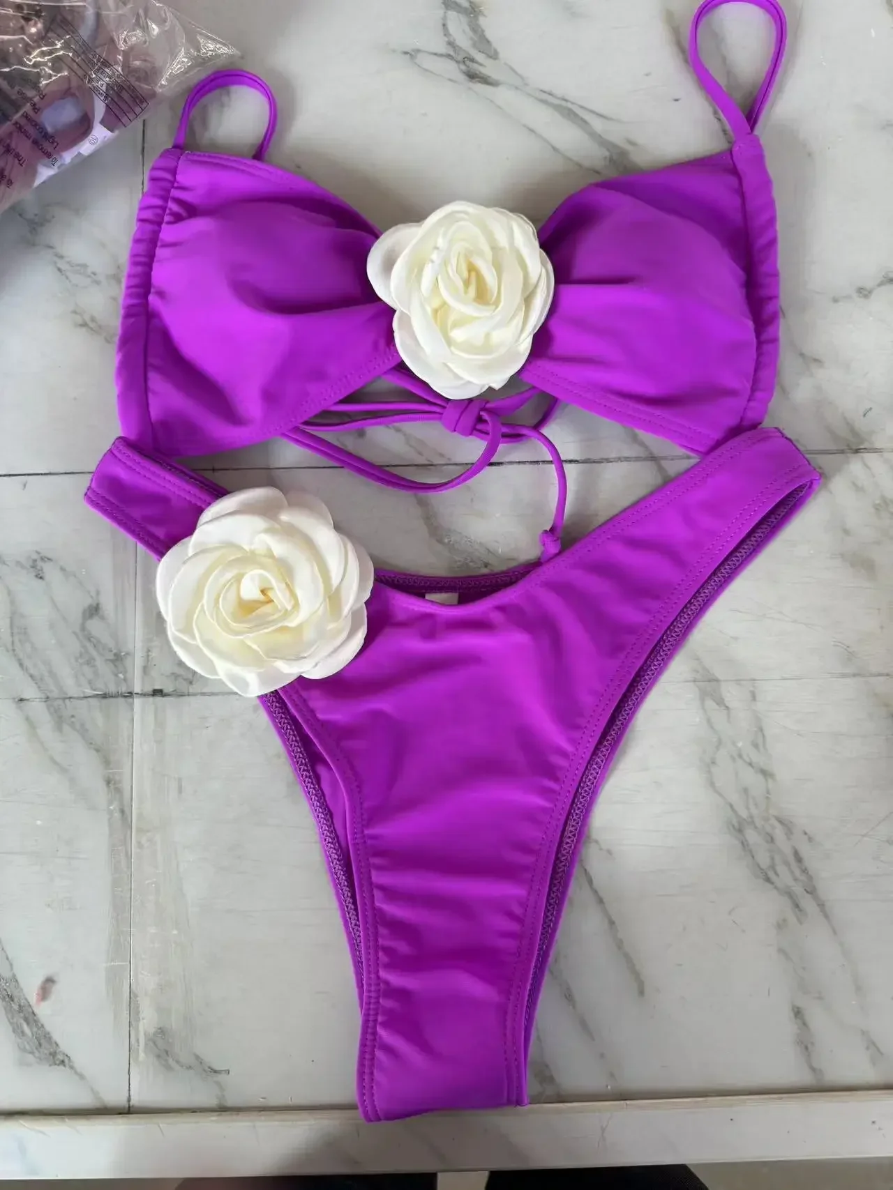 

Sexy 3D Flower Micro Bikini 2024 Women Black White Patchwork Push Up Swimsuit Biquini Summer Bathing Suit Triangle Mini Swimwear