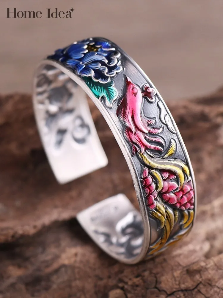 

S999 Sterling Silver Female Adjustable Open Bracelet Wide Enamel Colors Peony Phoenix Bracelet Women Vintage Jewelry