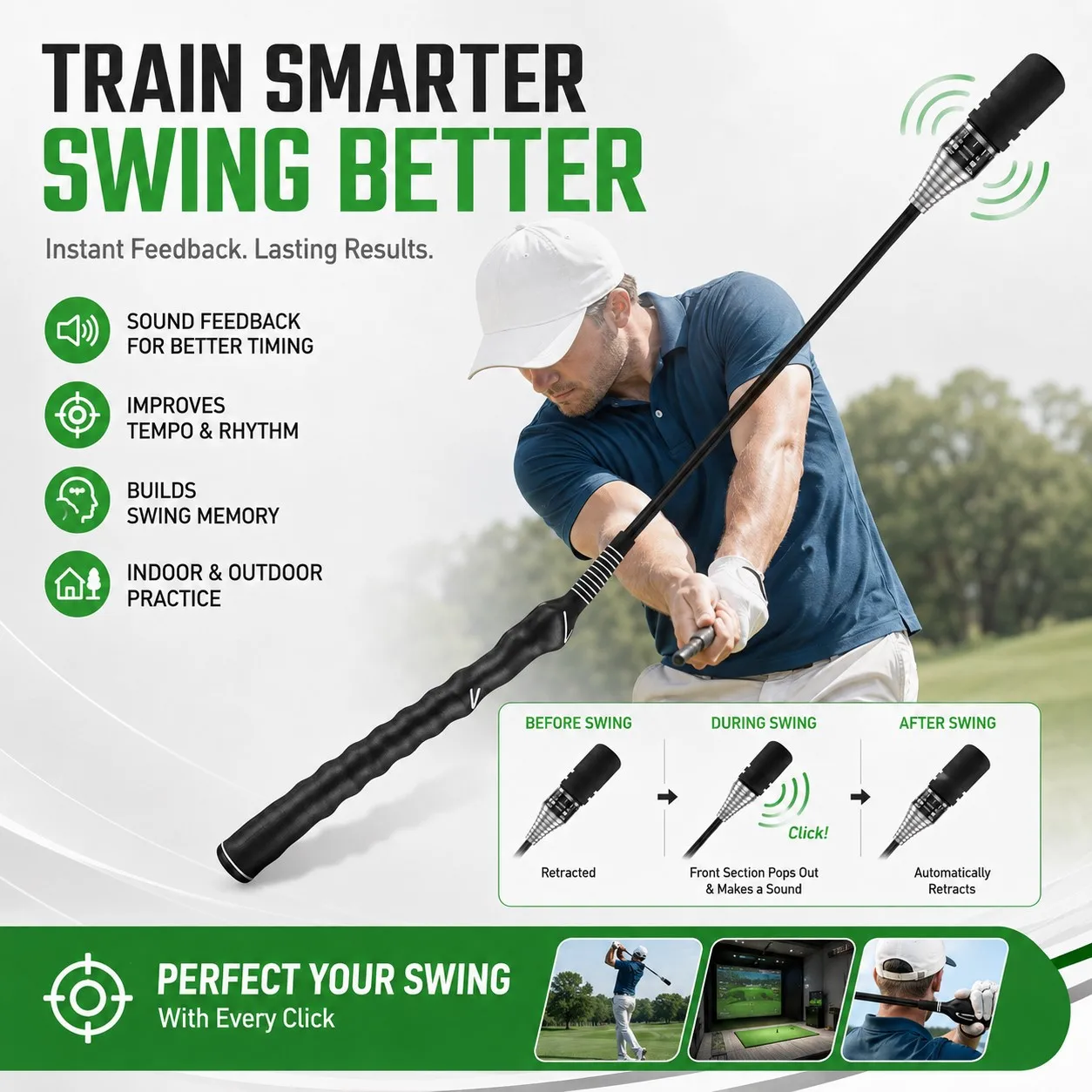 Adjustable Resistance Golf Swing Trainer with Sound Feedback, Indoor Outdoor Grip Practice Stick with Non Slip Handle