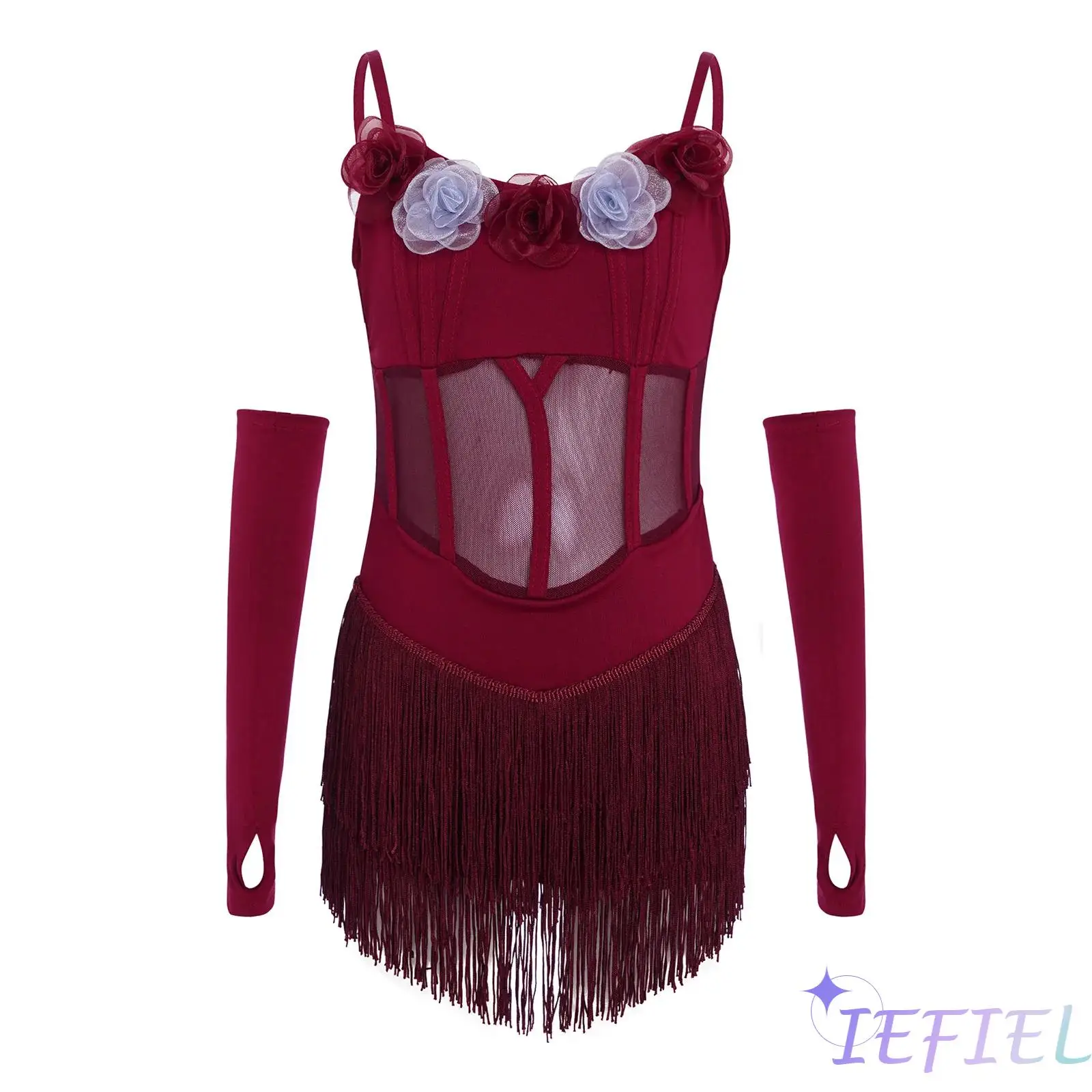 

Kids Girls Latin Samba Rumba Dance Dress Dancewear Spaghetti Straps Mesh Patchwork 3d Flowers Tassels Dress with Gloves