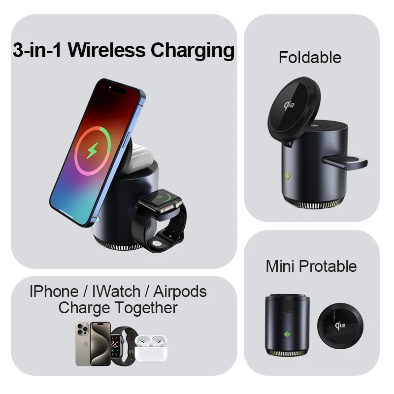 Qi2 Wireless Charger 3-in-1 Fast Charging Station Stand, Portable Folding Holder for iPhone 16 15 14 Pro Max Airpods Apple Watch