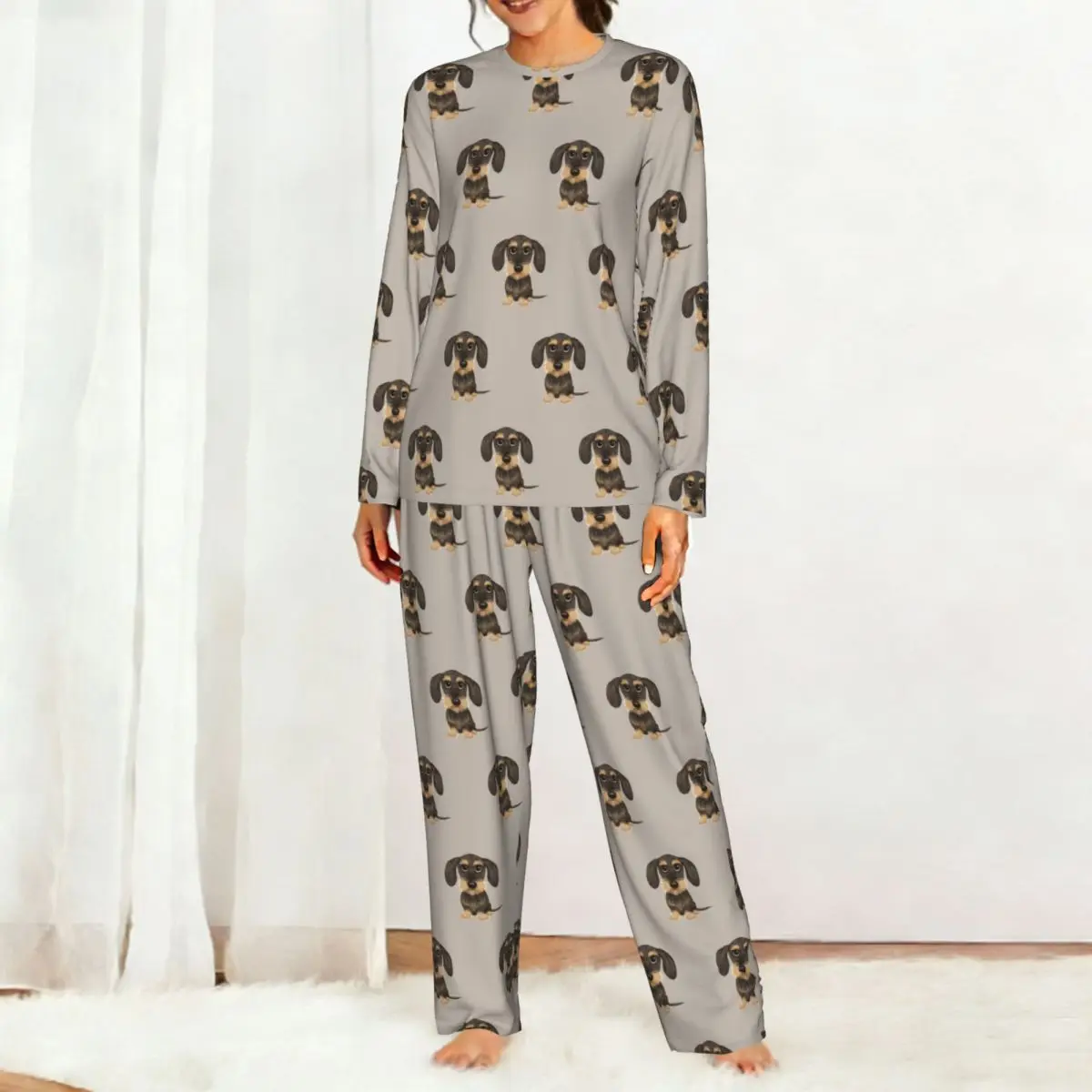 Wirehaired Dachshund Round Neck Long Sleeves Nightdress for Sleeping Sleepshirts Women Soft Pajama Set Long Pants