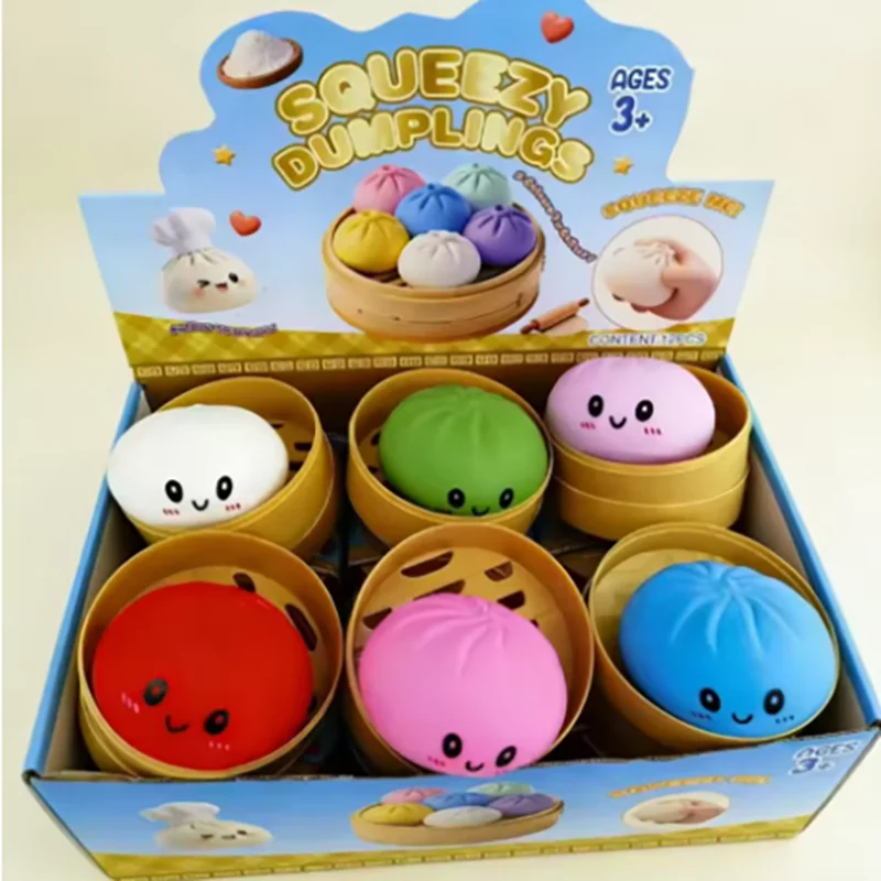 12 pcs Realistic Giant Dumpling Squeeze Toy With Bamboo Steamer Soft Dough Ball Decompression Fidget Toy Funny Creative Gift