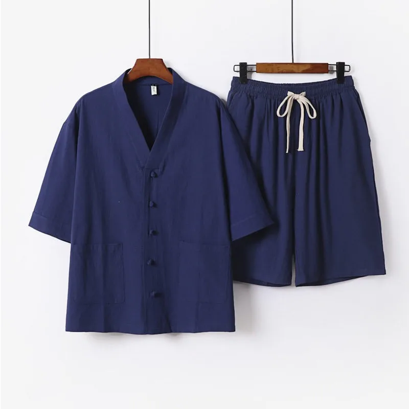 Men Chinese Linen Cotton 2‑Pcs Tang Outfit Plus Size Frog Button Half Sleeve Set Elastic Waist for Tai Chi Meditation Daily Wear