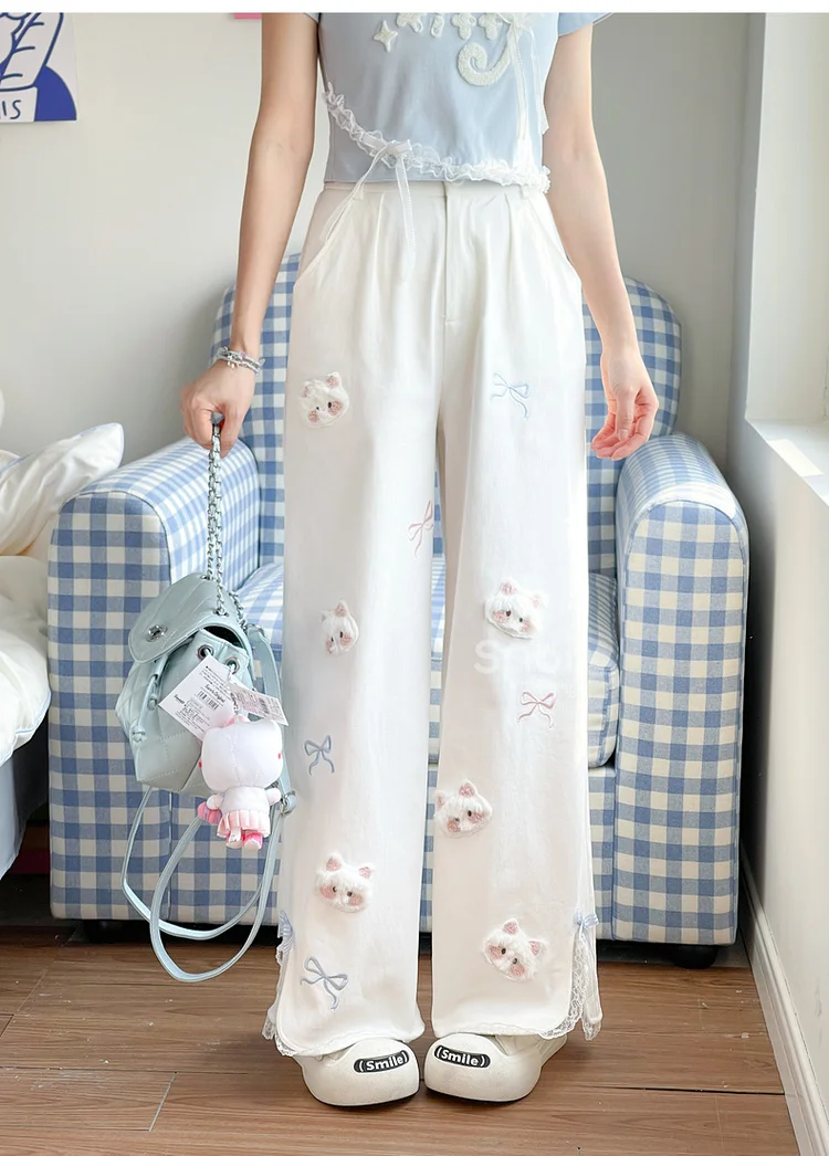2025 Summer New White Cat Cartoon Printed High Waist Wide Leg Straight Casual Pants Petite Women Blue Lace T-Shirt