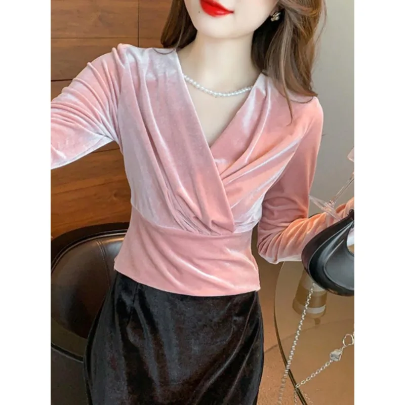 Commuter Versatile Temperament Elegant V-Neck Blouse Short Velvet Shirt Women\'s 2024 Autumn New French Style Slim Fit Top