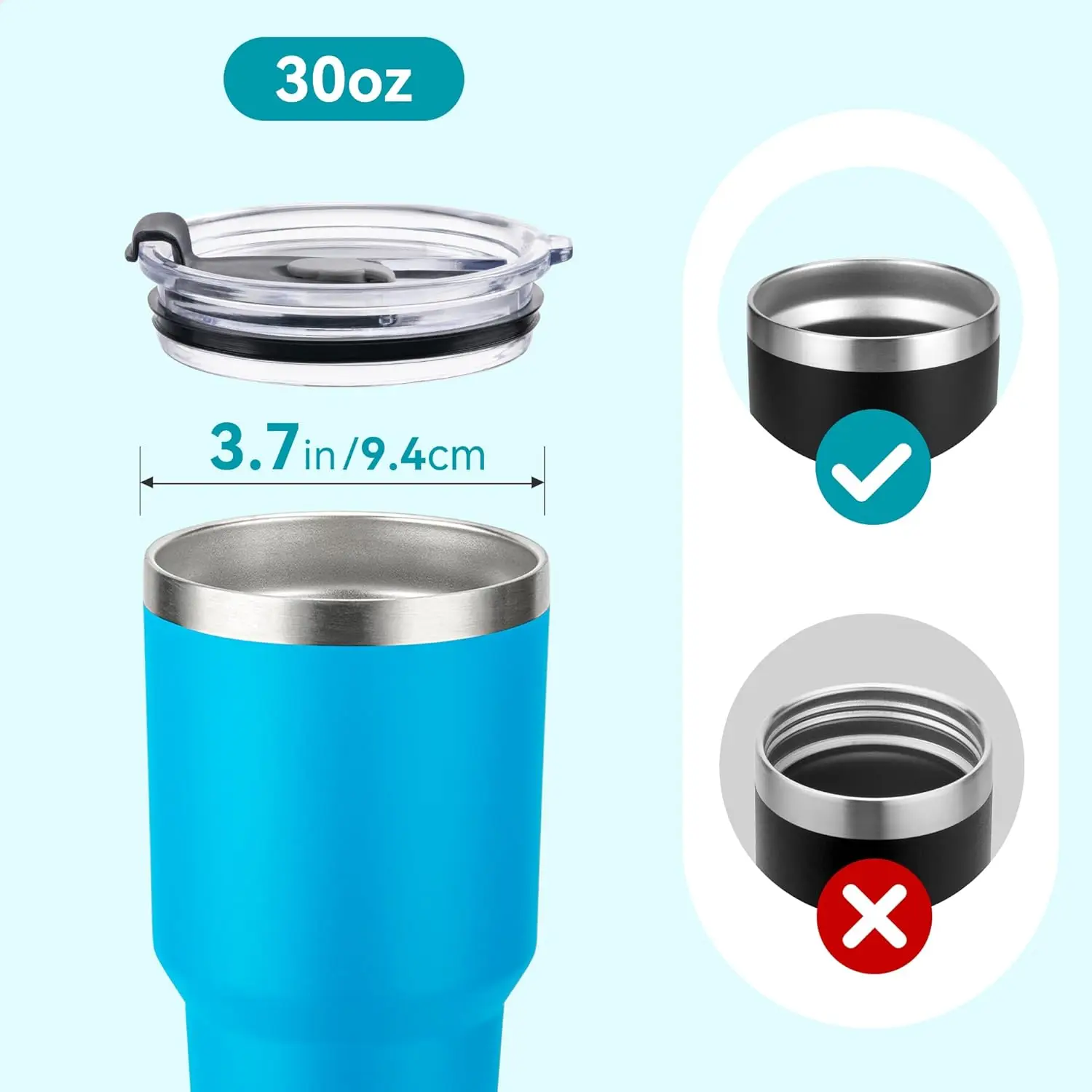 Replacement Spill-Proof Lid for 30 Oz Cups, Plastic Leak-Proof Cup Cover, Stainless Steel Flat Bottom Travel Mug Yeti