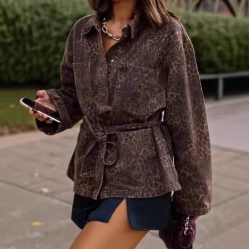 

Leopard Print Jackets Women Casual Lapel Big Pockets Belt Coats Female 2025 Spring High Street Lady Outwears