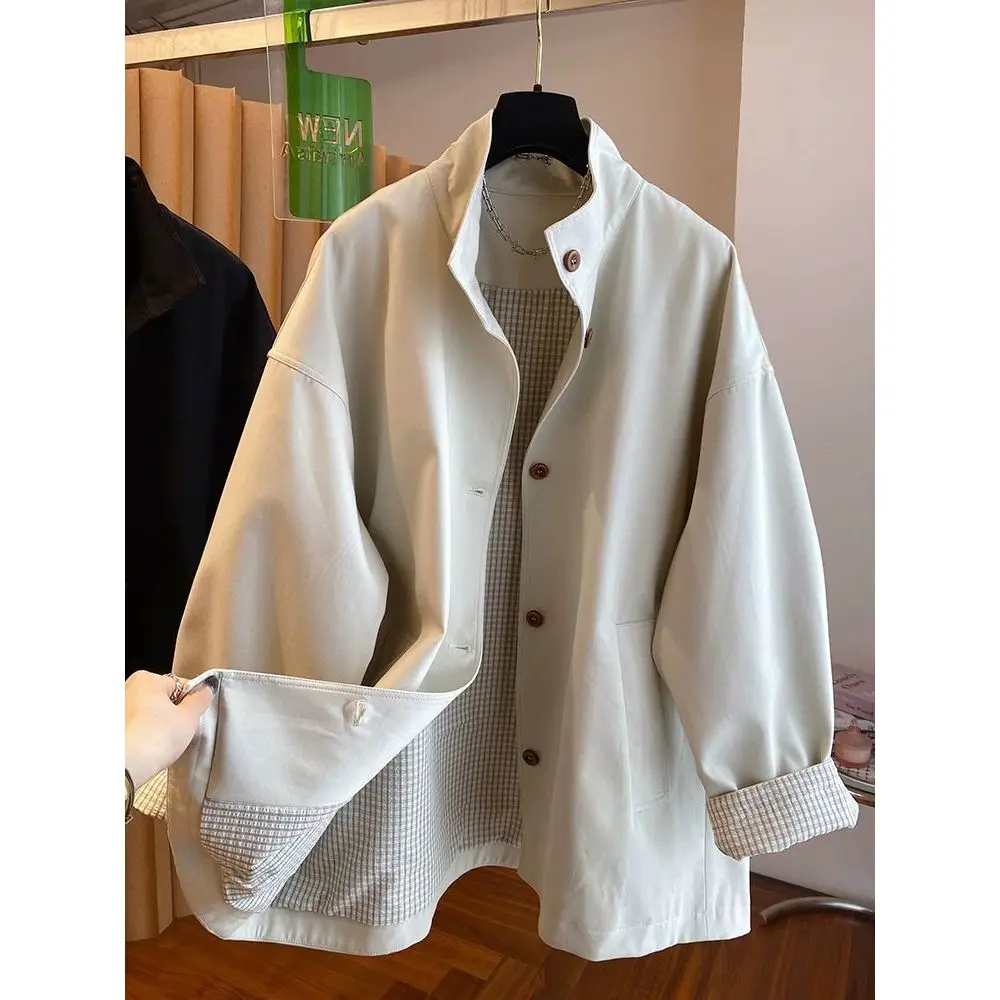 Korean Vertical Collar Windbreaker Coat Women's Spring Autumn 2026 New Jacket Casual Overwear Plaid Lining Long Outcoat Female