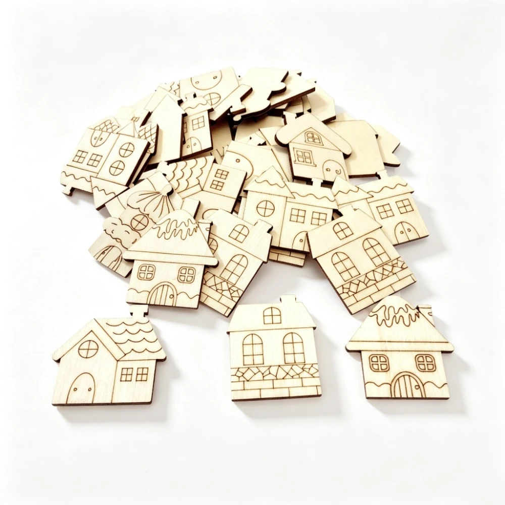 40mm 80mm Christmas Wood Ornaments Unfinished House Shape Tag Slices Home Hanging Craft Wooden Cutouts Embellishments for DIY