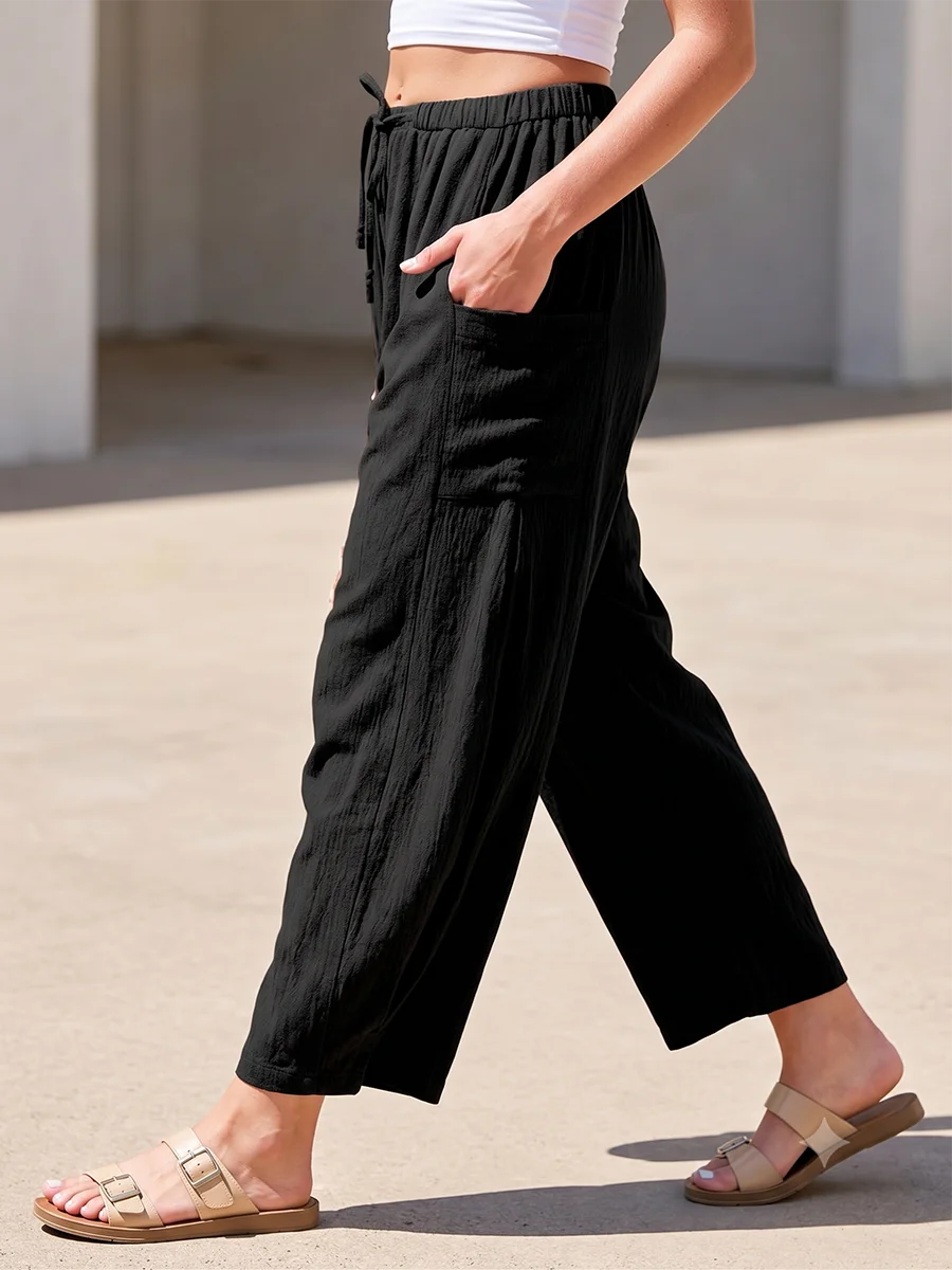 Women's High Waist Wide Leg Pants Casual Loose Drawstring Trousers Baggy Palazzo Pockets Solid Black Fashion Streetwear Outfits