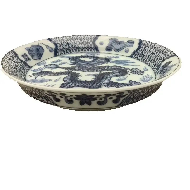 Chinese Old Porcelain Shallow Dish with Blue White Dragon Pattern Traditional Decorative Kitchenware for Serving Food