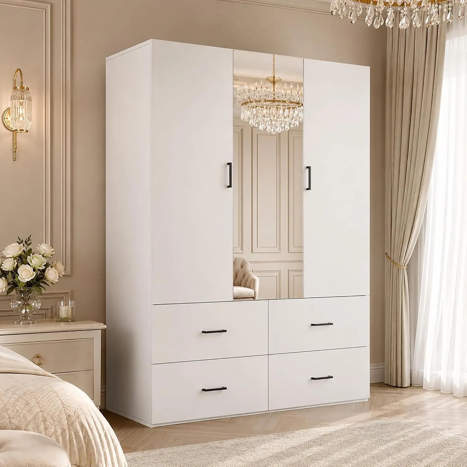 Kleiderschrank mit Spiegeltüren, 180 cm Schlafzimmerschrank, 4 Türen mit Spiegel, Kleiderstange, 8 Regale und 3-4 Schubladen, weißer Schlafzimmerschrank, weiß