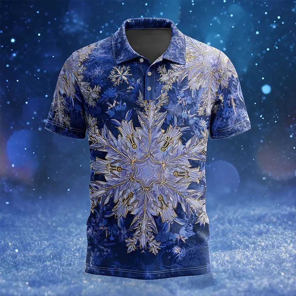 2025 Christmas Men's Snowflake 3D Print Polo Shirts, 3D Lapel Design Short Sleeve Casual Wear Summer Holiday Festival Style