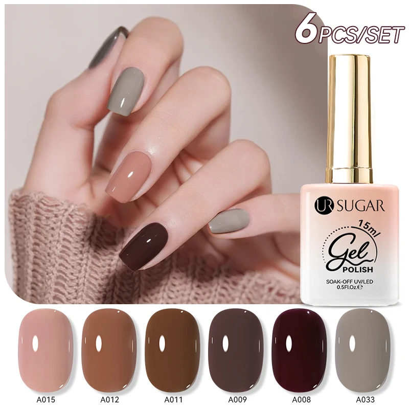 UR SUGAR 6 ชิ้น/เซ็ต 15ml ชุดกาแฟเจลเล็บชุดฤดูหนาวสีน้ําตาล DIY กึ่งถาวร Soak Off UV เล็บออกแบบเล็บ