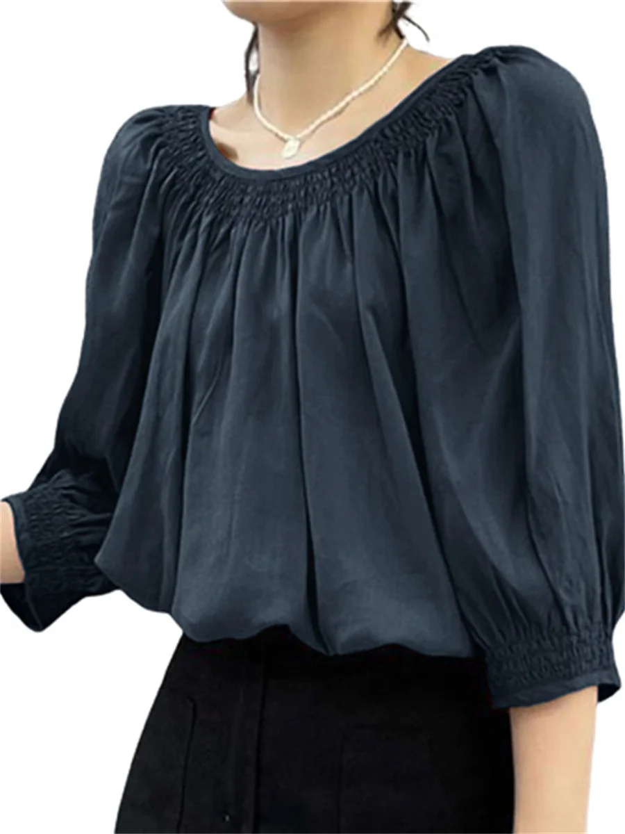 

Women Spring Summer Blouses Shirts Lady Fashion Casual Half Sleeve O-Neck Collar Solid Color Blusas Tops WY0470