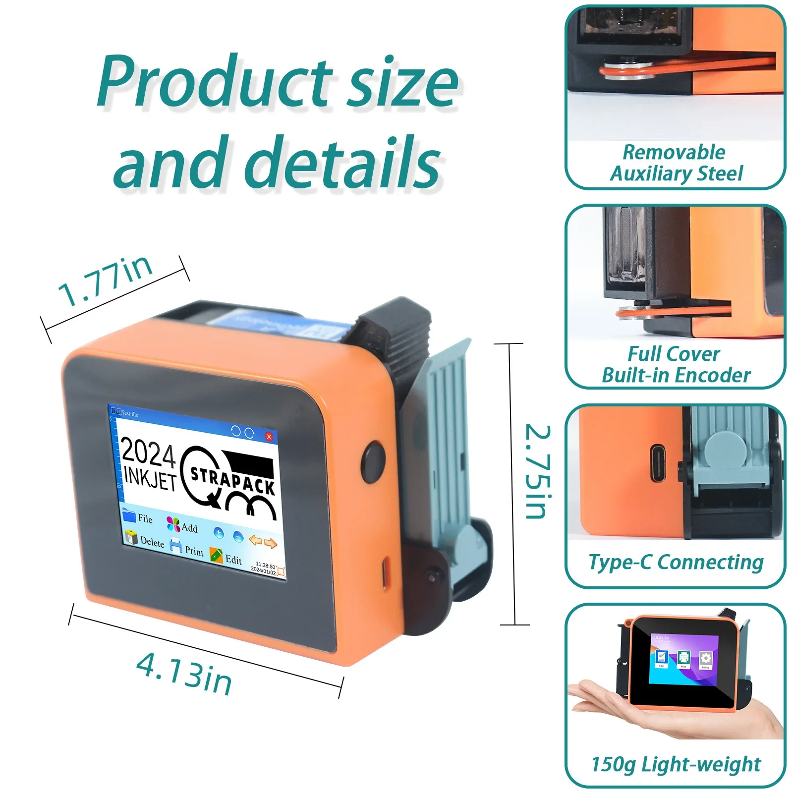 Macaron Mini Handheld Inkjet Printer, QR Barcode Batch, Número Data, Logo Expiração Data Máquina de Codificação, 25 Idiomas, 12.7mm