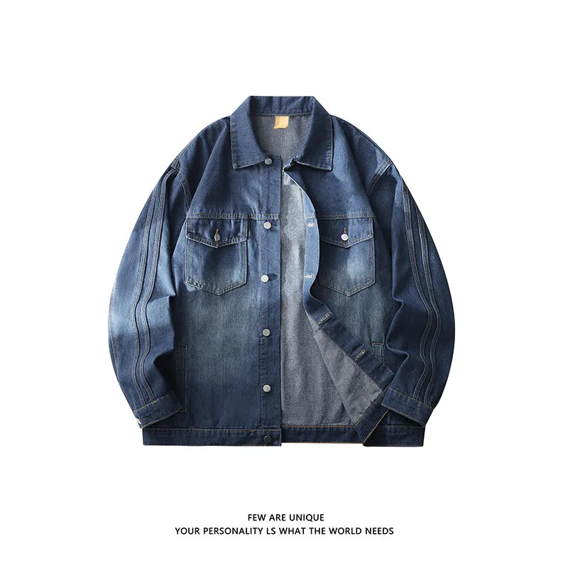 

Spring Pure Color Washed Denim Versatile Casual Jacket Top Men's Outerwear Loose Fit Long Sleeve Collar Turn-down Collar