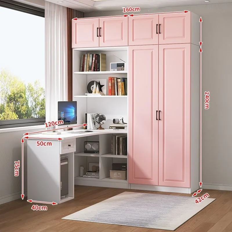 Solid wood wardrobe integrated combination, household simple corner student computer bedroom one-piece bookcase