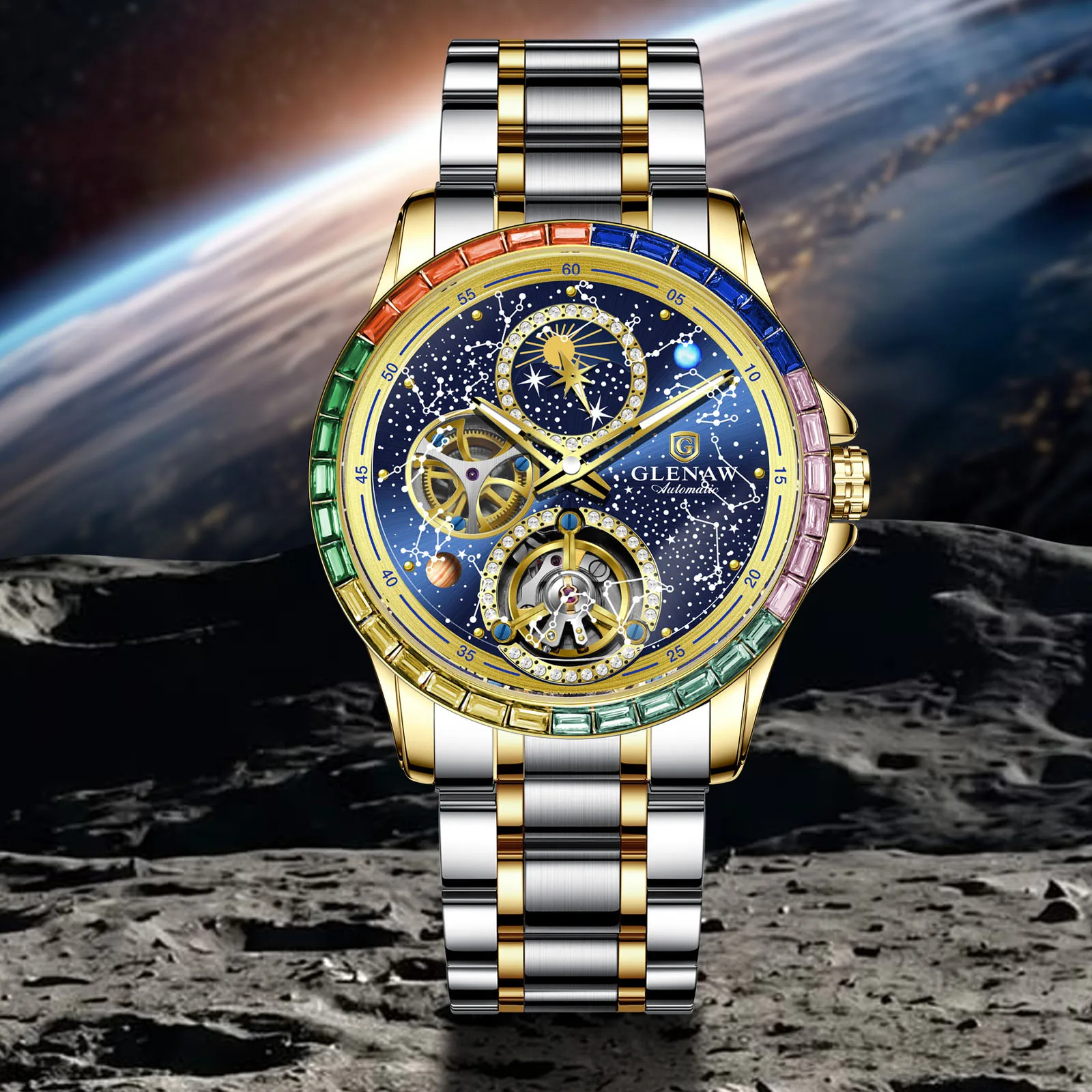 GLENAW Brand Design New Rainbow Circle Mechanical Watch Men Constellation Dial Luminous Waterproof Top Luxury Mechanical Watch