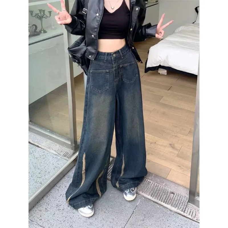 Deeptown Y2k Vintage Oversized Woman's Jeans Gyaru Harajuku Streetwear Wide Leg Denim Pants Grunge Loose Trousers Aesthetic