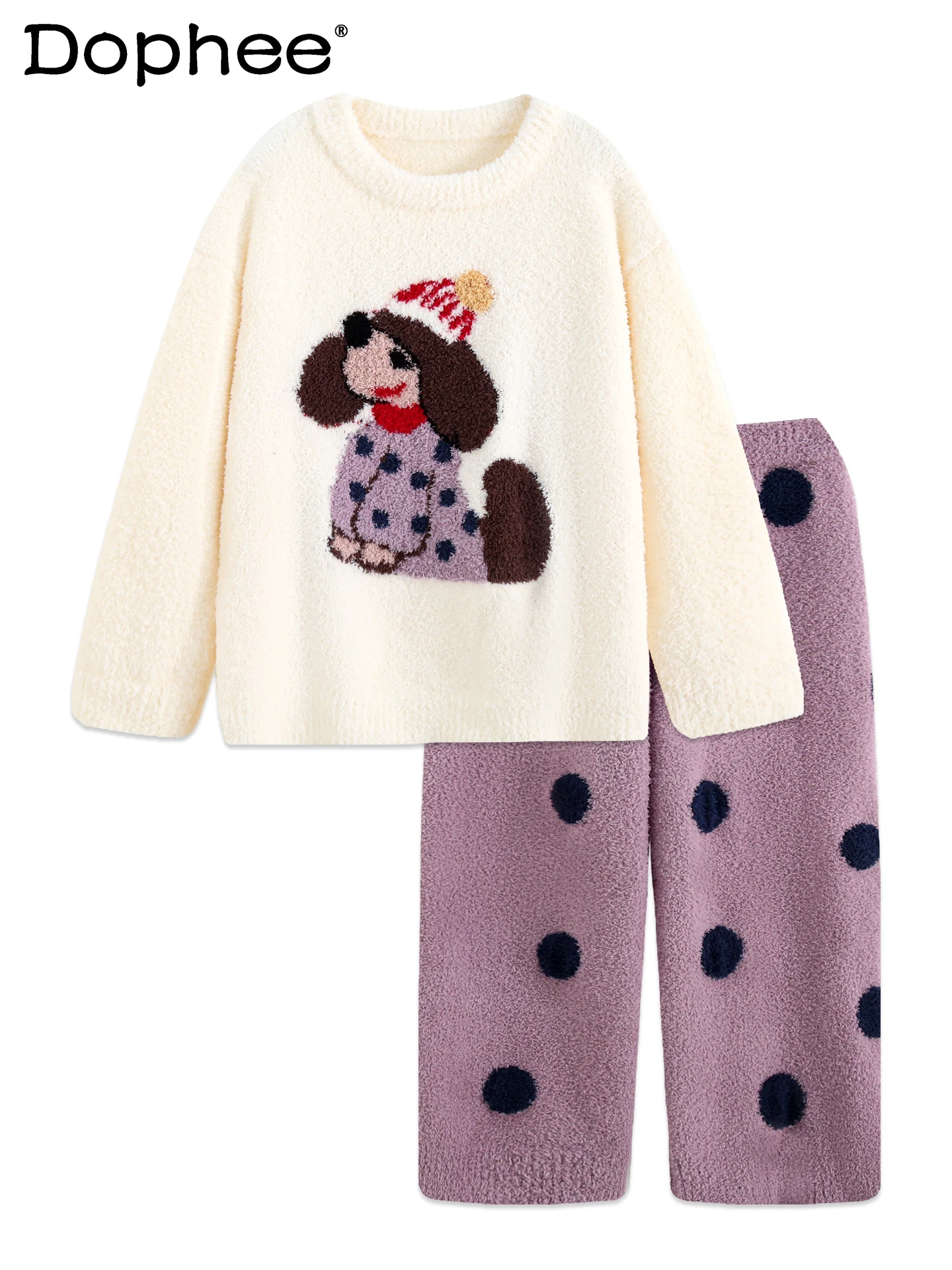 

Cartoon Puppy Pajamas for Women Winter Japanese Style Thin Velvet Cute Thickened Round Neck Coral Fleece Homewear