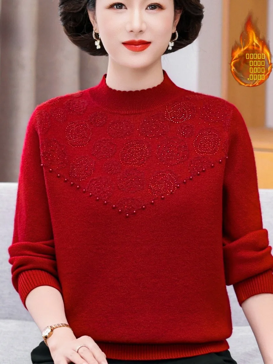 

Утепленный флисовый свитер с принтом и высоким воротником для беременных, модная базовая кофта для женщин среднего и старшего возраста