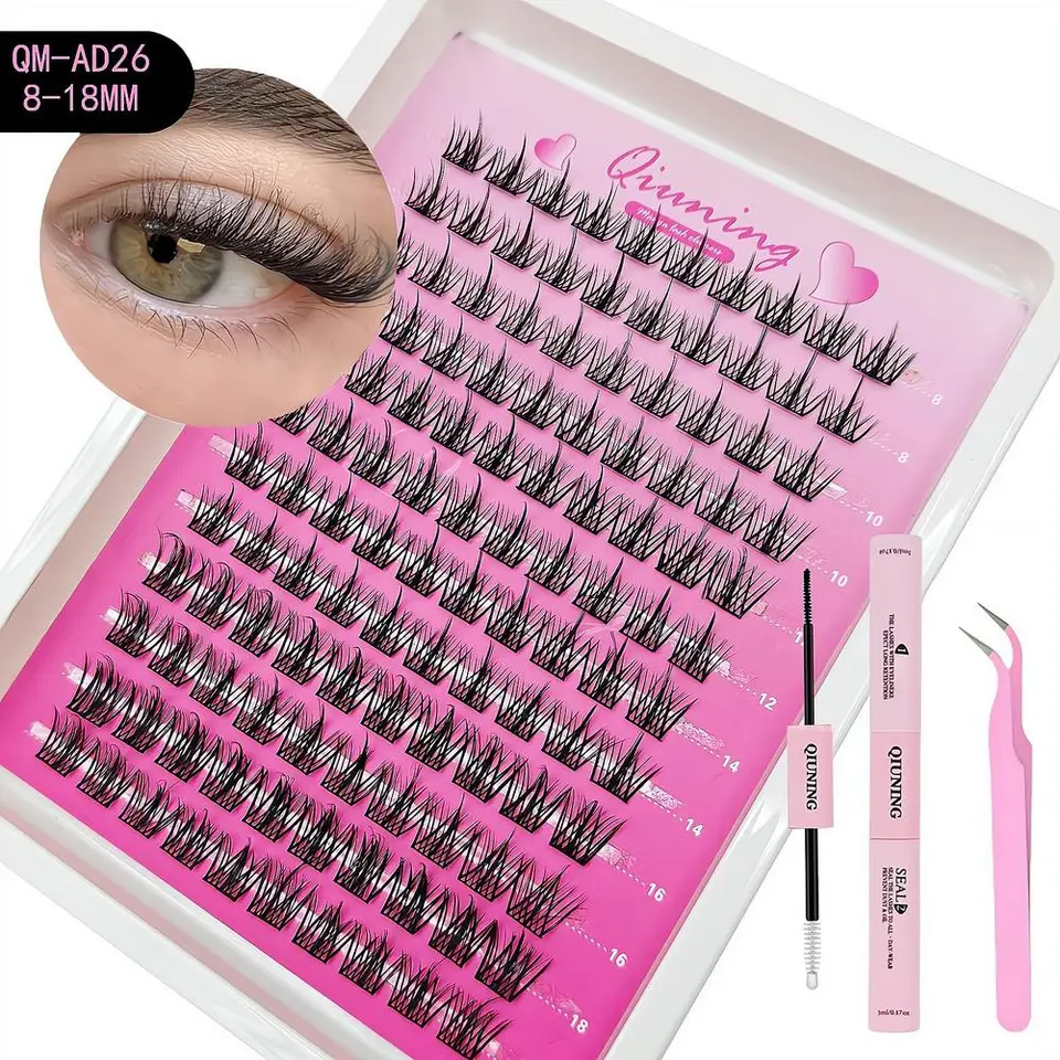 12 filas de grupos de pestañas estilo manga con pegamento y pinzas, mezcla de 8-18mm, kit de extensiones de pestañas segmentadas DIY, pestañas finas y puntiagudas 4