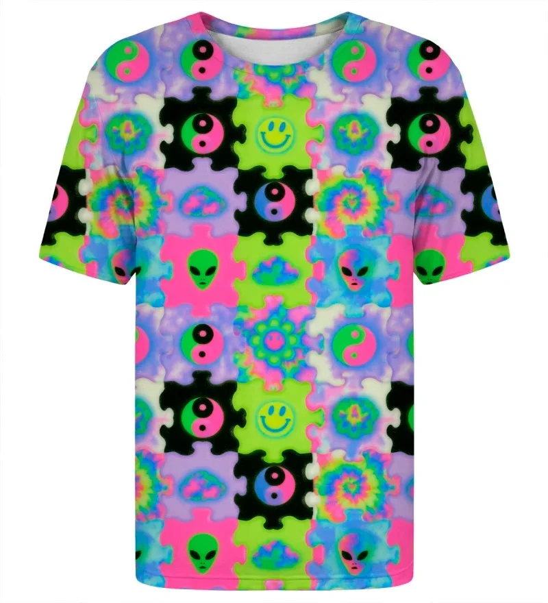 2026 Psychedelic Puzzle T-shirt, Rave Alien Smile Yin-yang Floral Neon Short-sleeved Crew Neck Y2K Streetwear Pattern T-shirt
