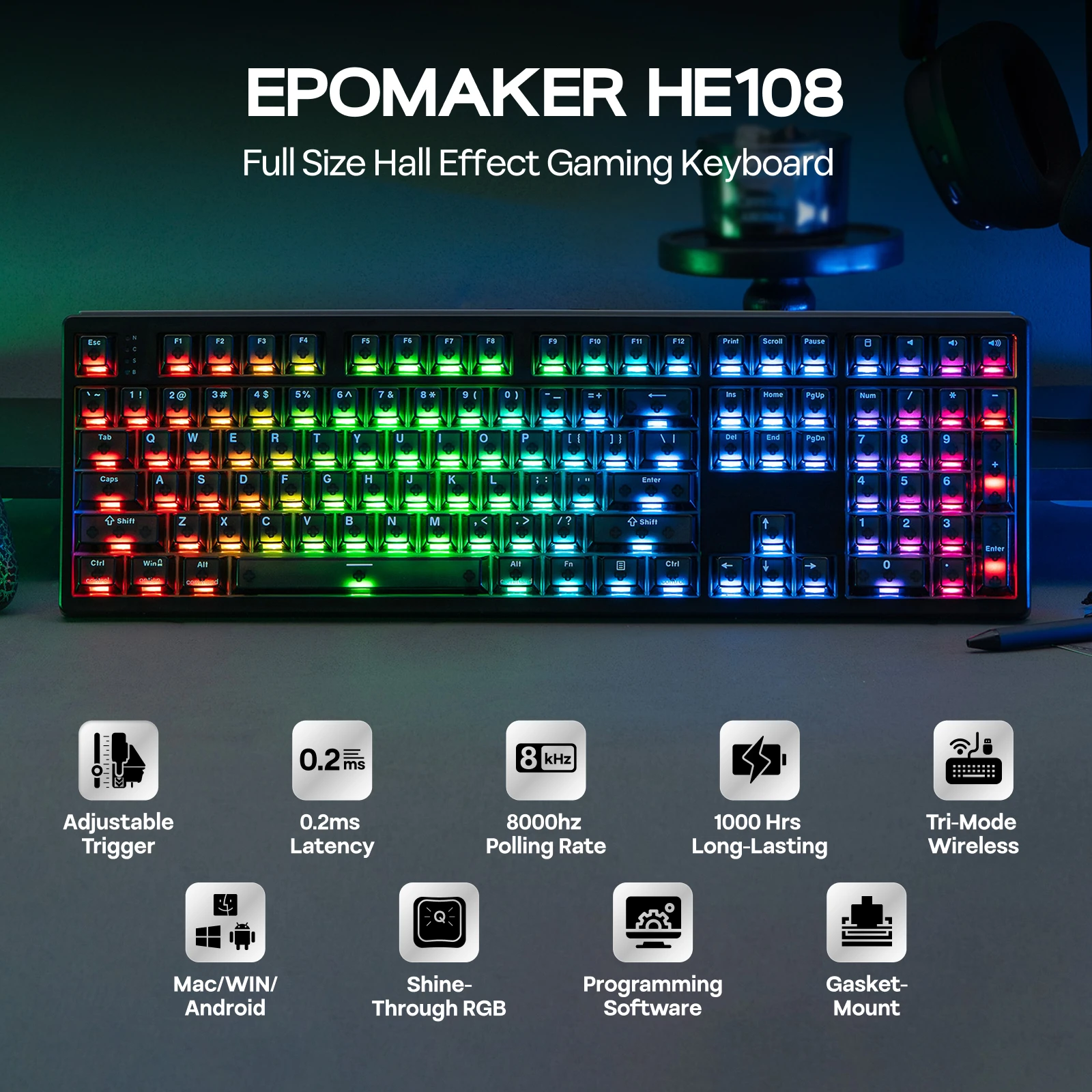 EPOMAKER HE108 100% ANSI US QWERTY 레이아웃 유선/BT/2.4Ghz 무선 홀 이펙트 기계식 키보드 (SOCD/DKS 및 래피드 트리거…