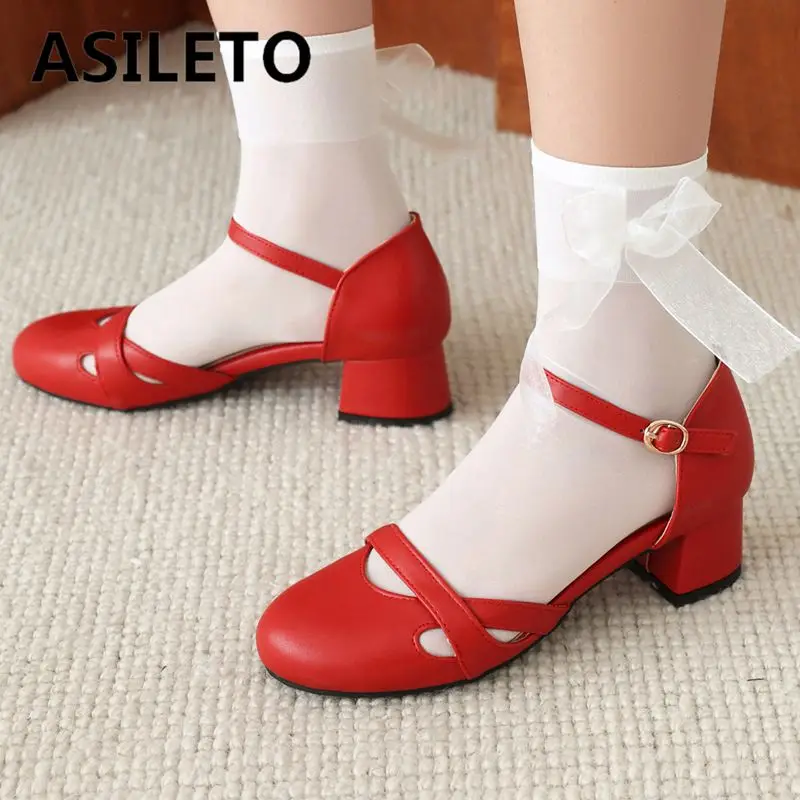 

ASILETO Design Women Pumps Round Toe Chunky Heels 4cm Buckle Strap Pig Split 33 42 43 Mary Janes Sweet Soft Daily Girls Shoes5