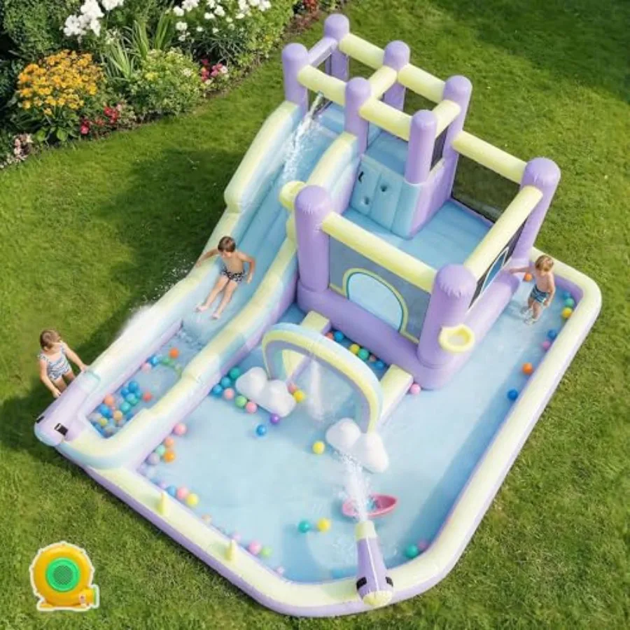 Outdoor inflatable bounce house with rainbow arch and extra-long water slide: PVC material, multicolor, includes 750W blower, s