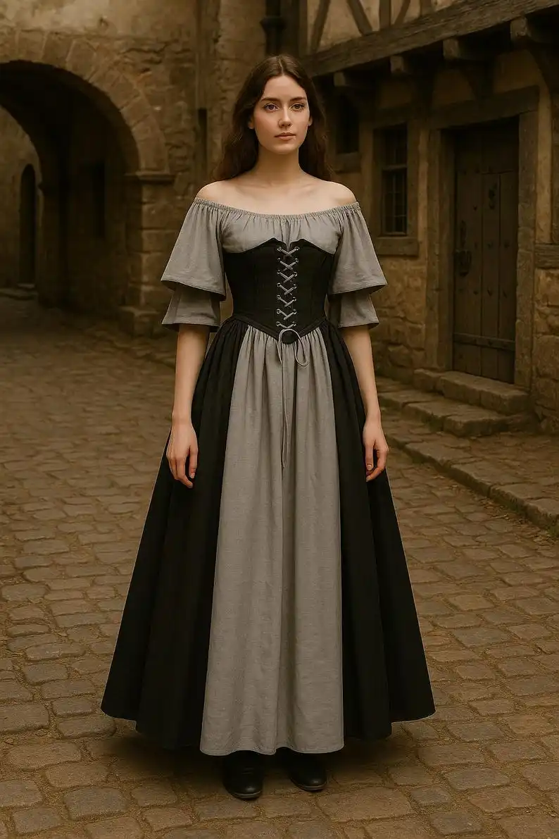 المرأة القرون الوسطى الرجعية المتناقضة اللون سليم فستان محكم من عند الصدر ويتدلى بشكل واسع كلمة واحدة فستان الكتف الحب لايف تأثيري
