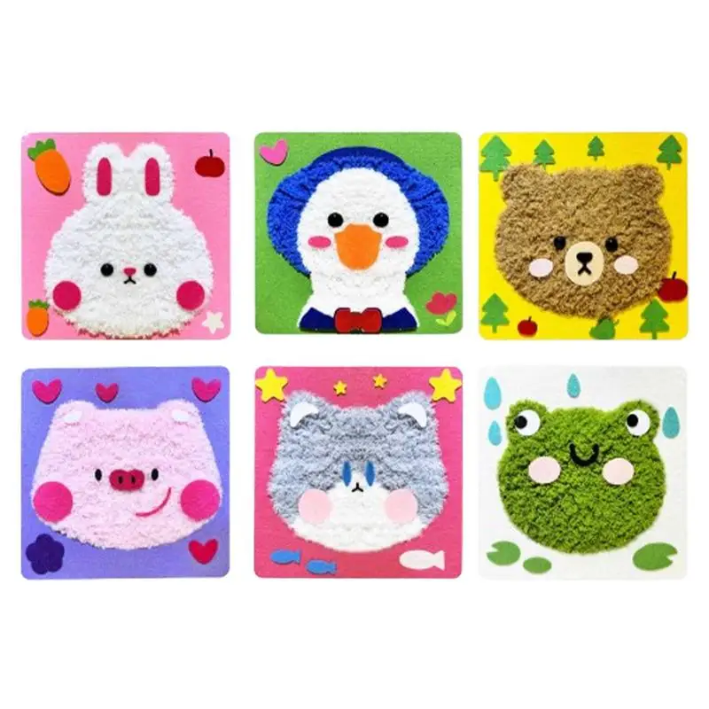 Cute Cartoon Animal Punch Needle Embroidery Kit for Beginners Soft Yarn Needlework Girl DIY Craft Sewing Set Pig Rabbit Bear