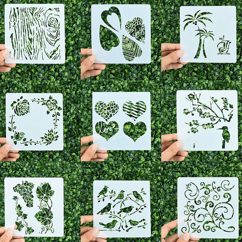 9pc/set 13cm Bird Flower Grass Auxiliary Painting Template DIY Layering Stencils Wall Painting Hollow Template Painting Supplies