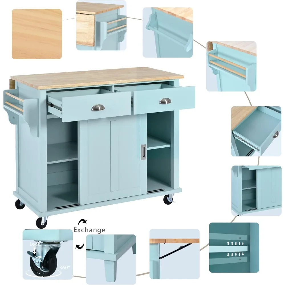 جزيرة المطبخ المتنقلة الجديدة 52.2 بوصة مع أوراق قطرة من الخشب المطاطي وعجلتين قابلين للقفل، رف توابل لباب الحظيرة المنزلق المخفي #4