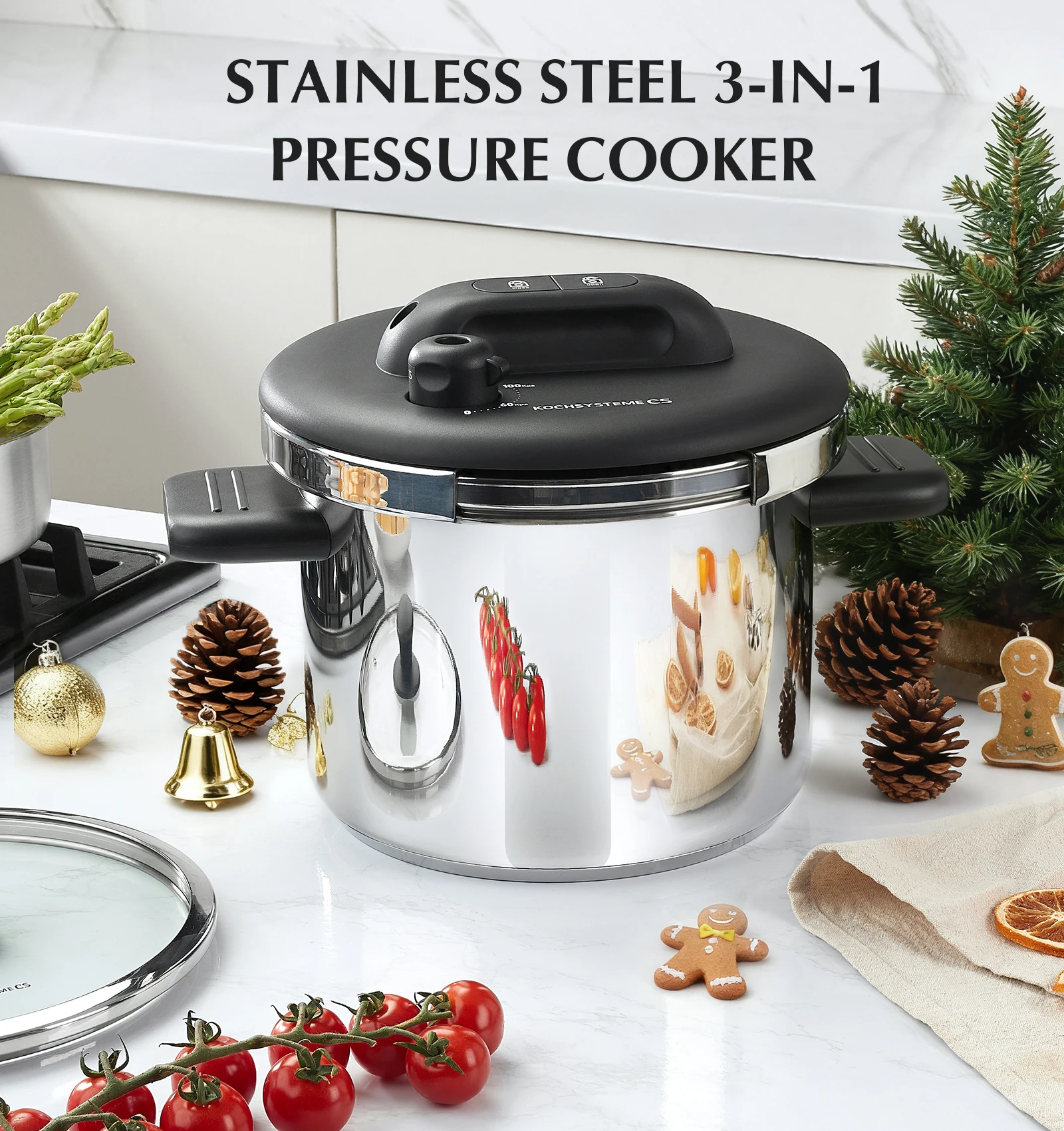 

KOCH SYSTEME CS Pressure Cooker Stainless Steel, 6.3/8.5 QT Olla de Presion, Easy One-Press Lock, 3 PSI Settings Pressure Cooker