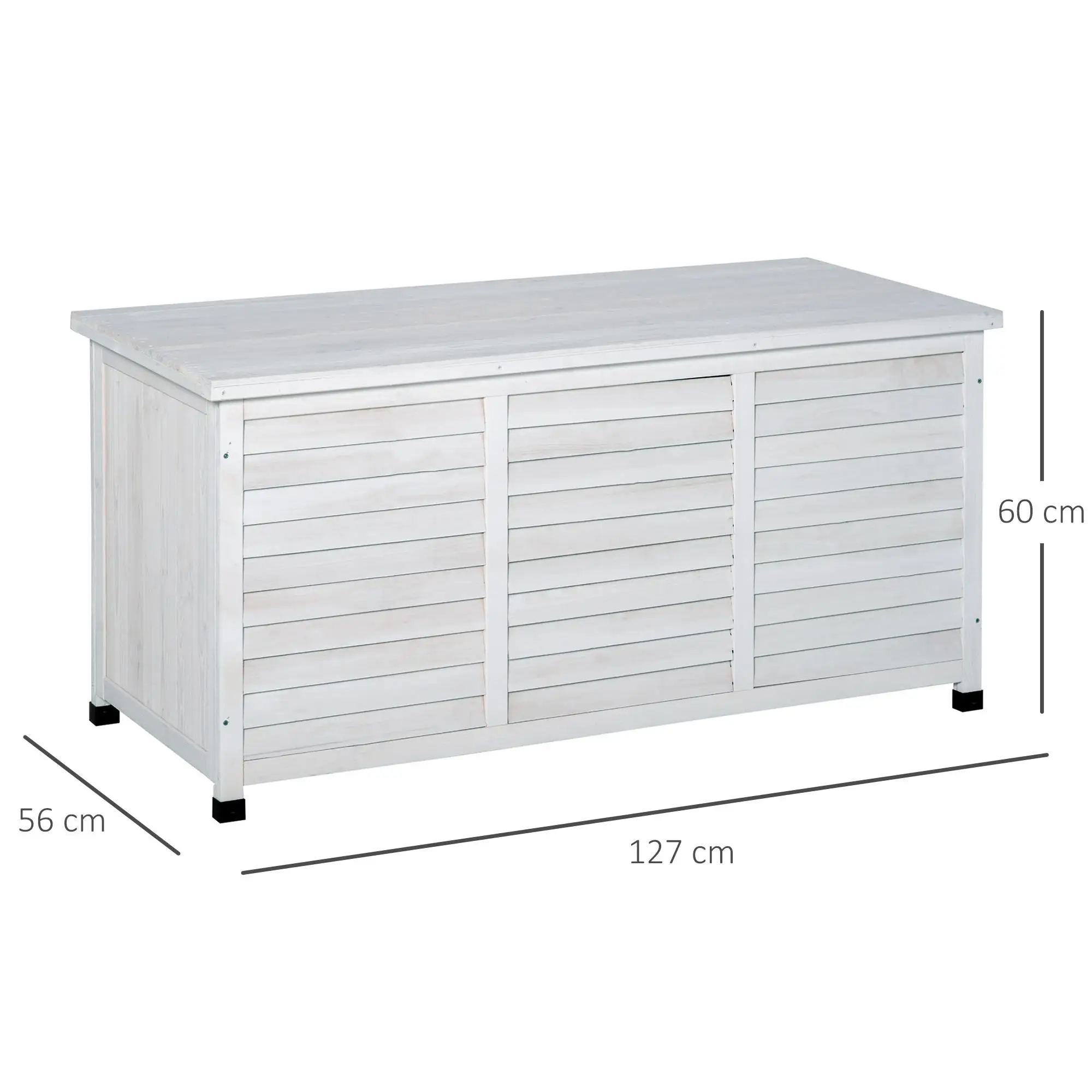 Caja de madera maciza de abeto para jardín 127x56x60 cm impermeable 284L Blanca con persianas de ventilación y patas protectoras