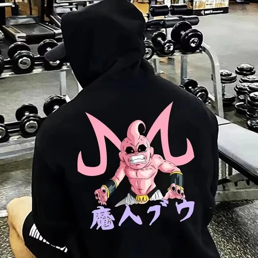 Majin Buu Anime Graphic Felpe con cappuccio da uomo Indietro stampato in pile Cartoon Pullover Felpa
