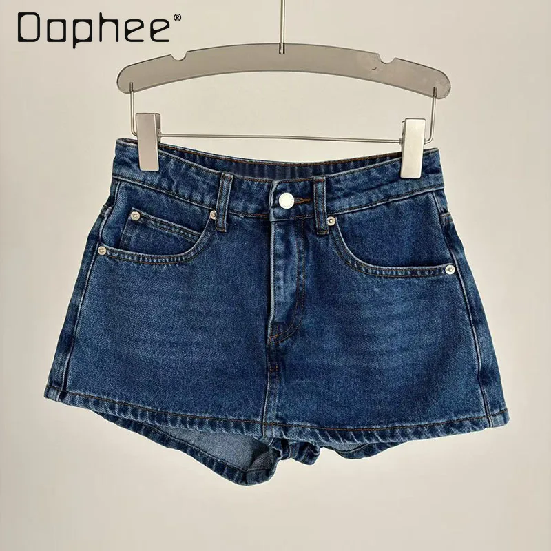 

2025 Spring Summer New Spice Girl Y2K Blue High-waisted Slim Wide-leg Denim Shorts Women Fashion Solid Color Versatile Shorts